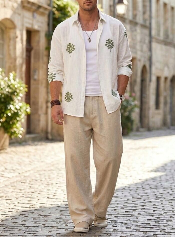 Green Leaf Embroidery Oversize Shirt