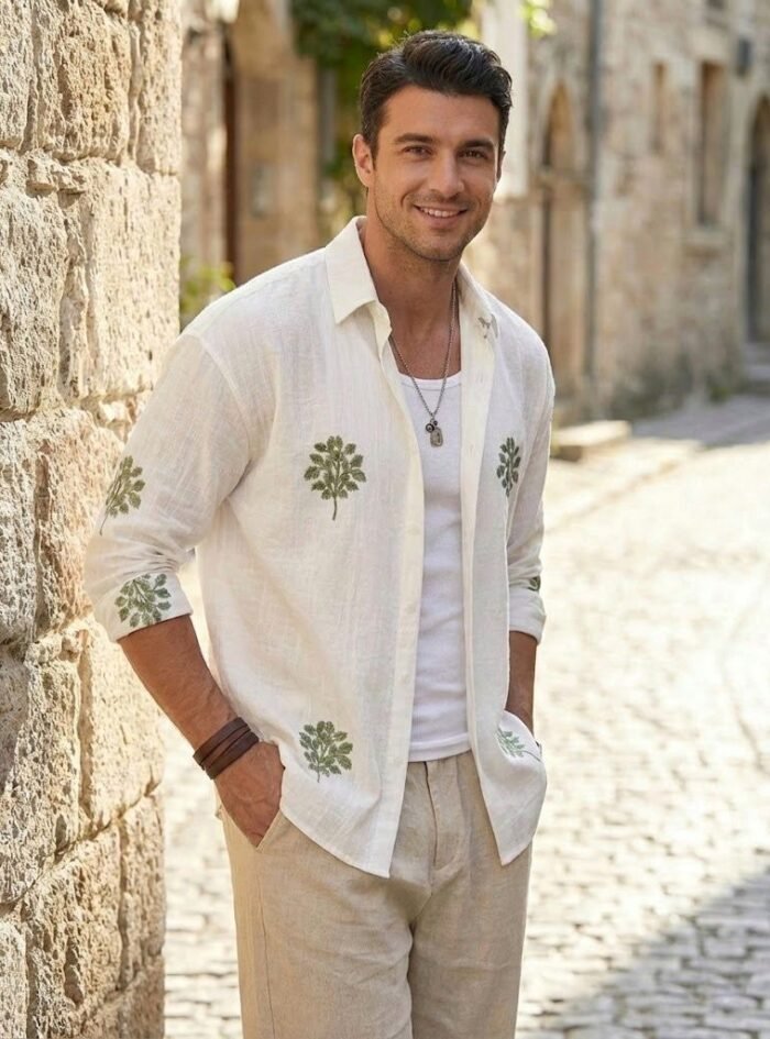 Green Leaf Embroidery Oversize Shirt