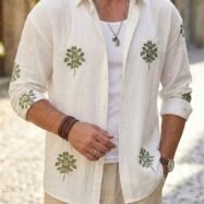 Green Leaf Embroidery Oversize Shirt