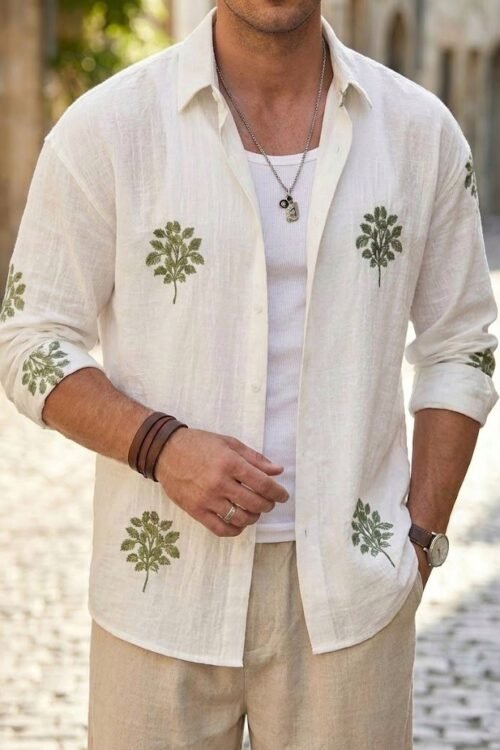 Green Leaf Embroidery Oversize Shirt