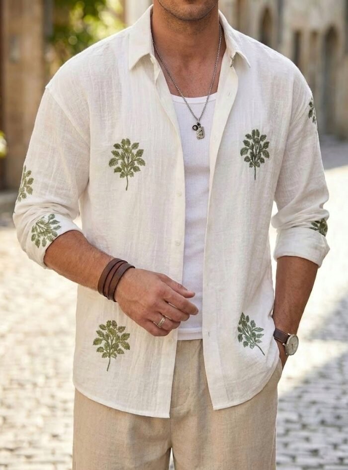 Green Leaf Embroidery Oversize Shirt