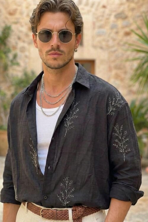 Leaf Embroidery Oversize Shirt - Black