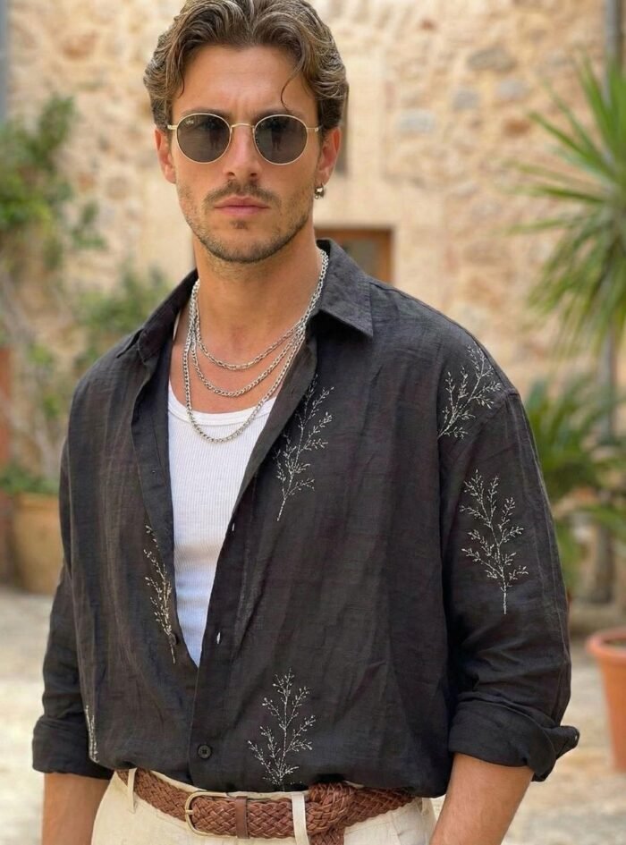 Leaf Embroidery Oversize Shirt - Black Leaf Embroidery Oversize Shirt - Black