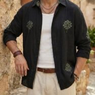 Green Leaf Embroidery Oversize Shirt - Black