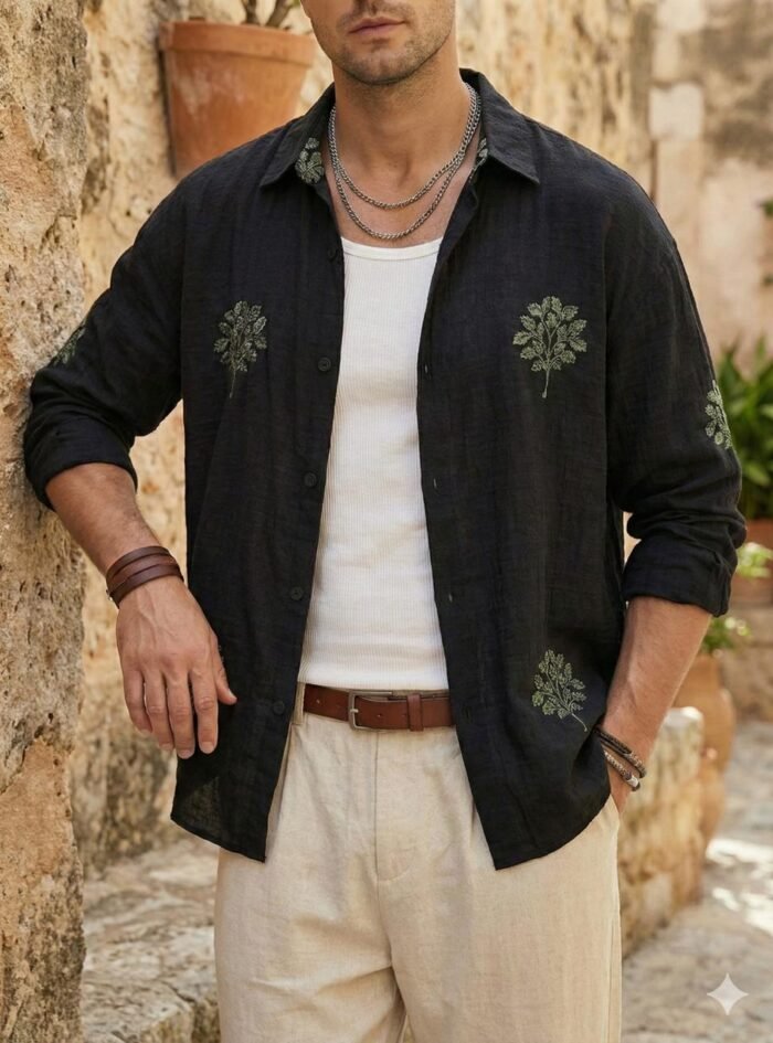 Green Leaf Embroidery Oversize Shirt - Black