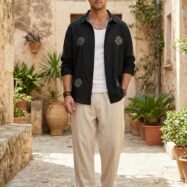 Green Leaf Embroidery Oversize Shirt - Black