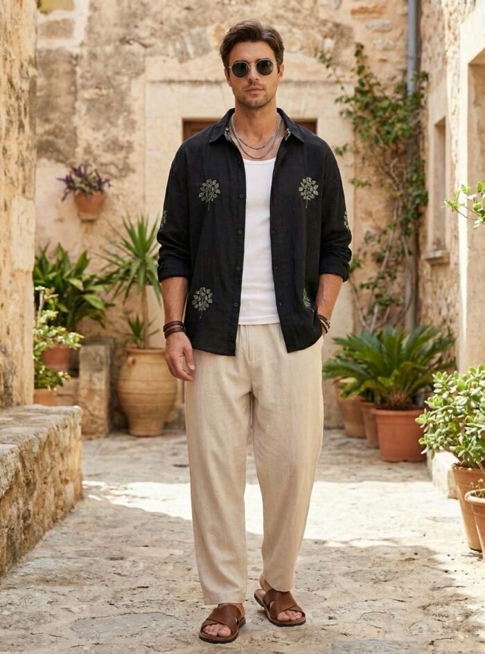 Green Leaf Embroidery Oversize Shirt - Black