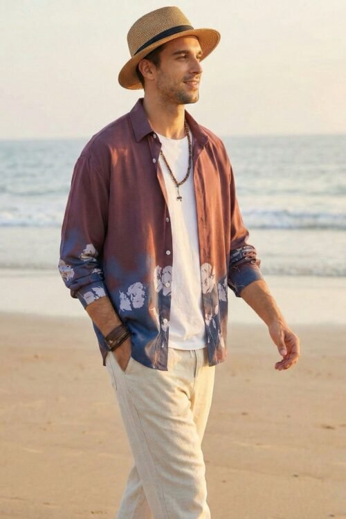 Flower Printed Rayon Shirt -Maroon