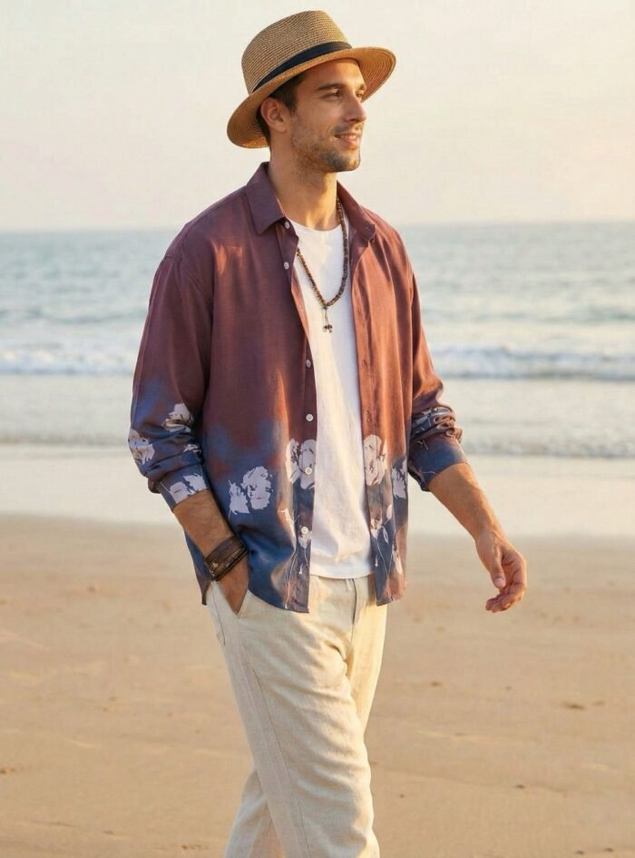 Flower Printed Rayon Shirt -Maroon