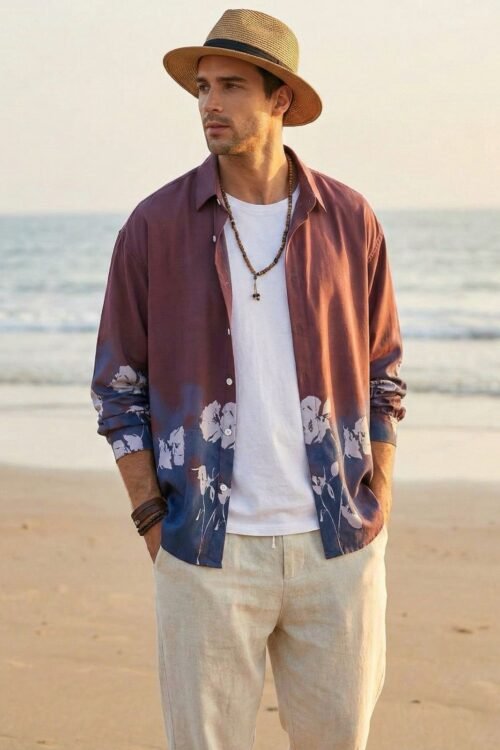 Flower Printed Rayon Shirt -Maroon