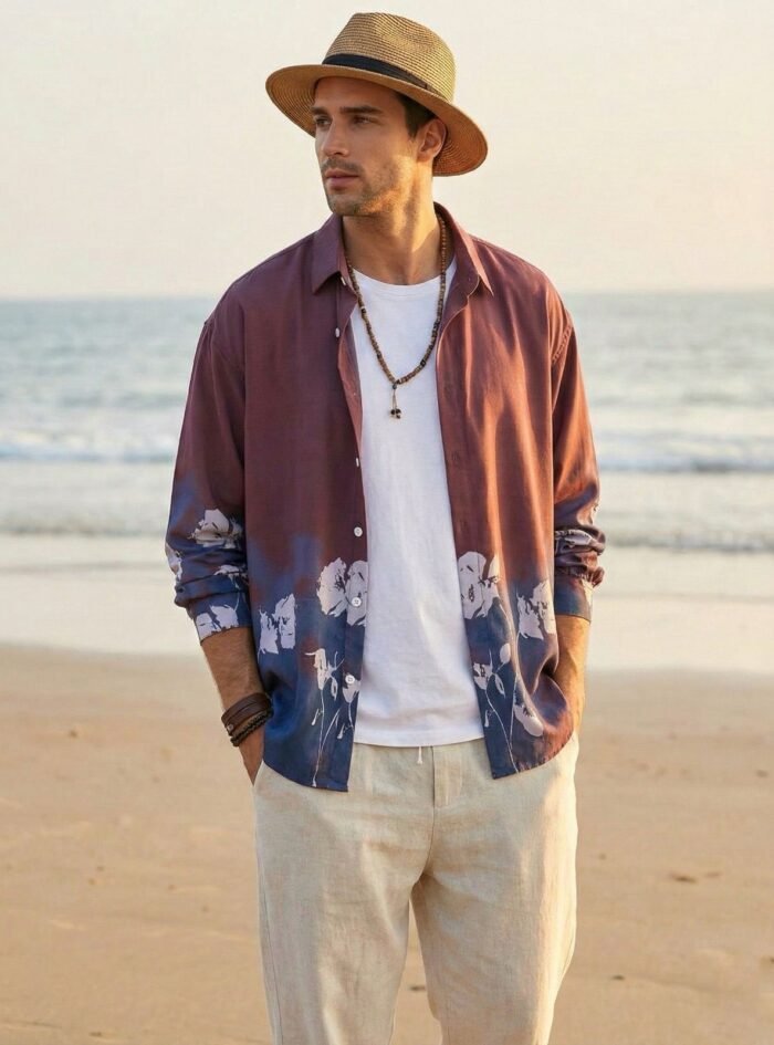 Flower Printed Rayon Shirt -Maroon