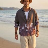 Flower Printed Rayon Shirt -Brown