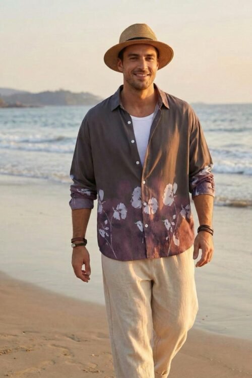 Flower Printed Rayon Shirt -Brown