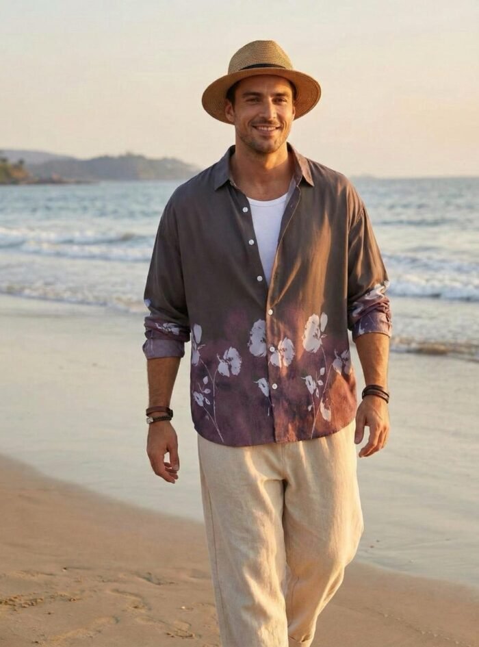 Flower Printed Rayon Shirt -Brown Flower Printed Rayon Shirt -Brown