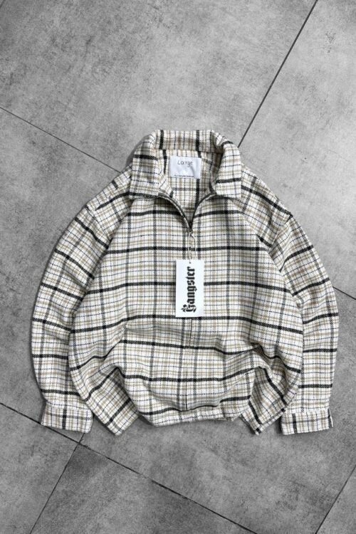 Core Backprinted Quarter-Zip Oversize Shirt- Half White