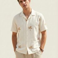 Palm Embroidered Five Sleeve Shirt
