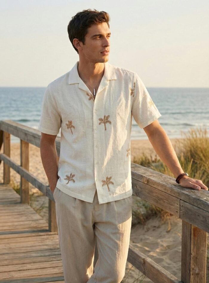 Palm Embroidered Five Sleeve Shirt