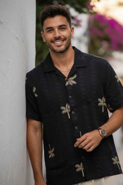 Palm Embroidered Five Sleeve Shirt - Black