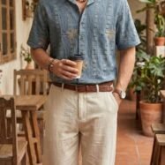 Palm Embroidered Five Sleeve Shirt - Blue Texture