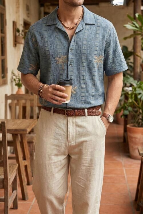 Palm Embroidered Five Sleeve Shirt - Blue Texture