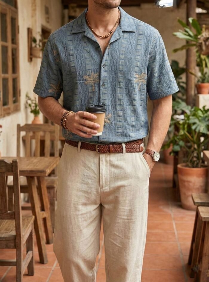 Palm Embroidered Five Sleeve Shirt - Blue Texture