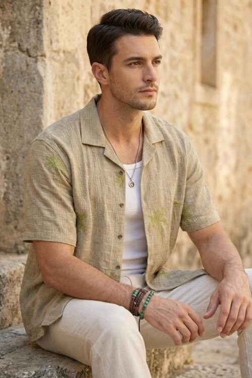 Palm Embroidered Five Sleeve Shirt - Beige Texture