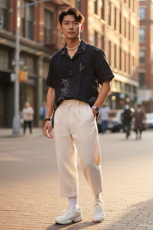 Bamboo Embroidered Camp Collar- Black