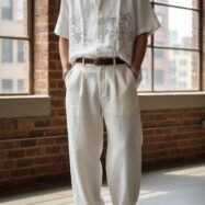 Bamboo Embroidered Camp Collar- White