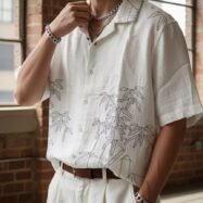 Bamboo Embroidered Camp Collar- White