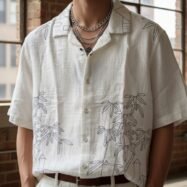 Bamboo Embroidered Camp Collar- White