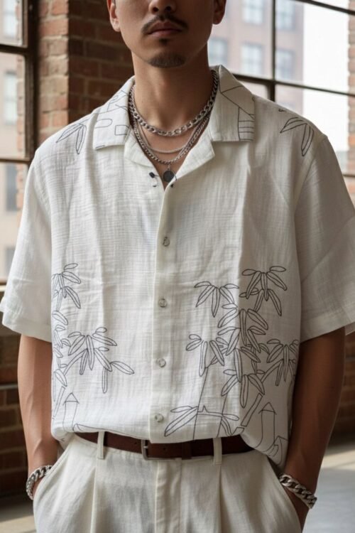 Bamboo Embroidered Camp Collar- White