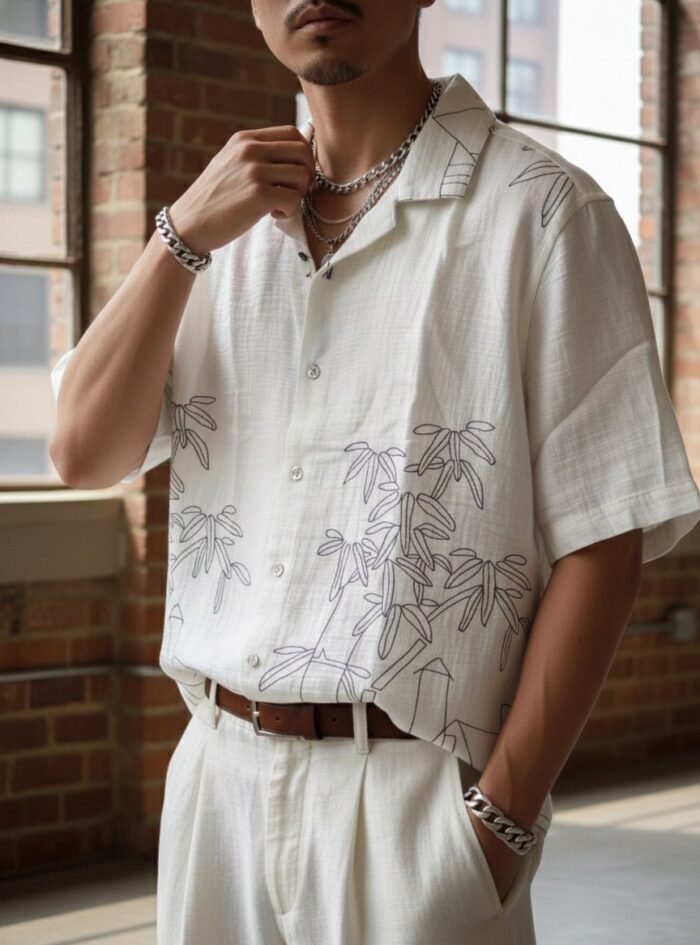 Bamboo Embroidered Camp Collar- White