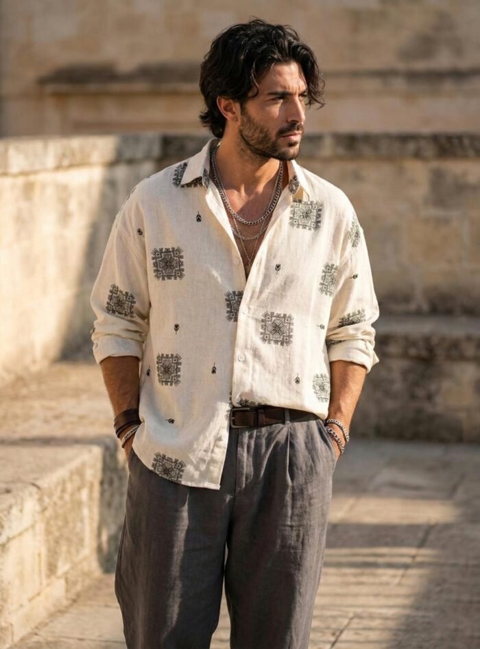 Geometric Linen-Blend Oversize Shirt Geometric Linen-Blend Oversize Shirt