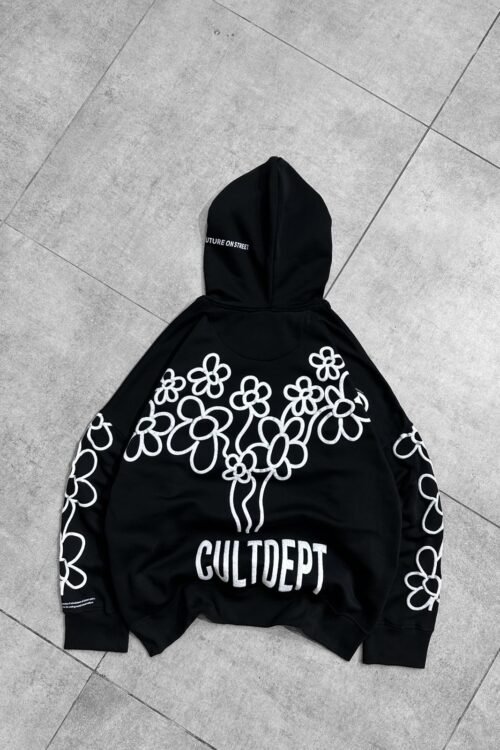 Flower Puff Printed Oversize Hoodie- Black