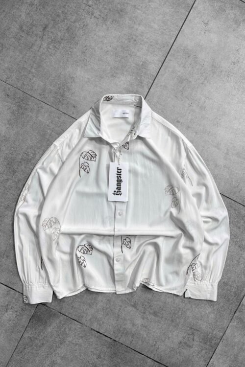 Minimalist Leaf Outline Oversize Shirt- White