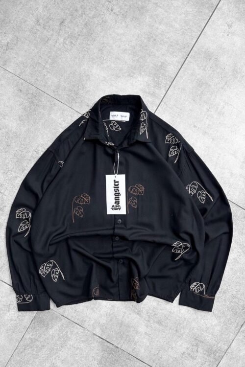 Minimalist Leaf Outline Oversize Shirt- Black