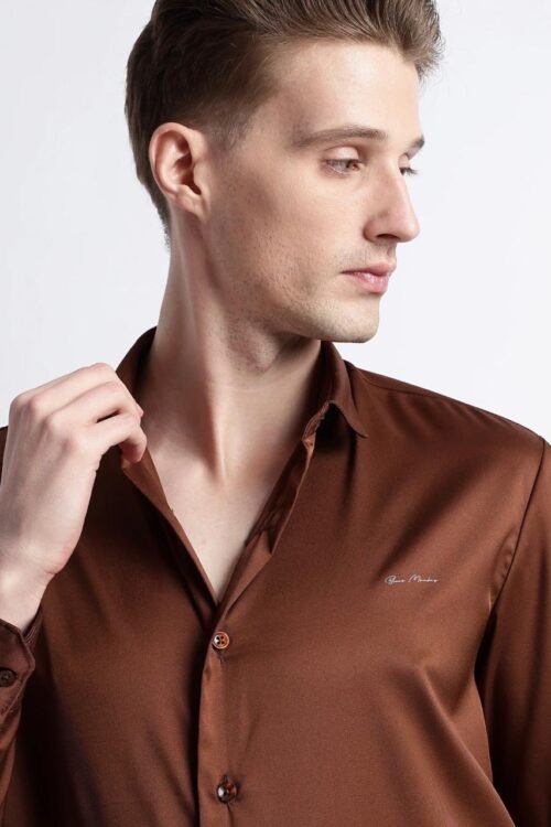 Gangster Plain Satin Shirt-Brown