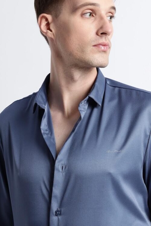 Gangster Plain Satin Shirt- Blue