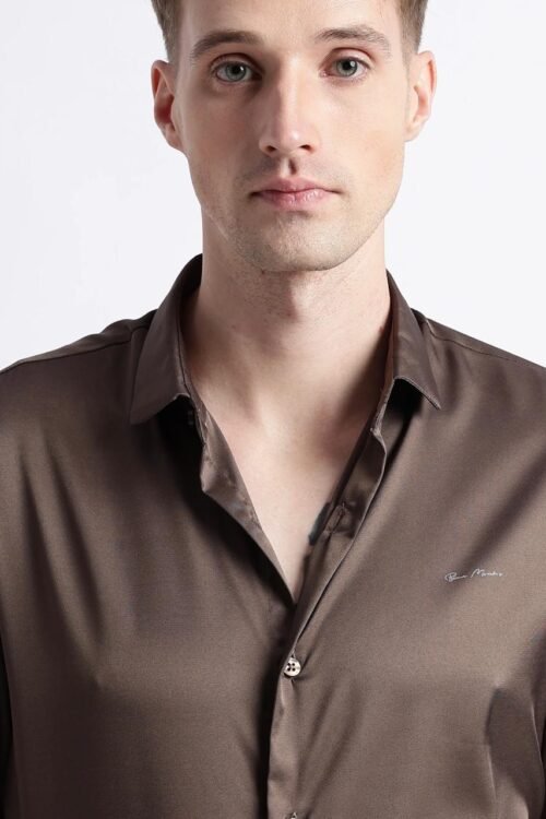 Gangster Plain Satin Shirt- chocolate brown
