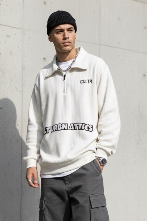 Quarter-Zip Ribbed Sweatshirt - White