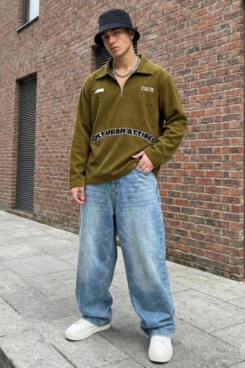 Quarter-Zip Ribbed Sweatshirt - Olive Green