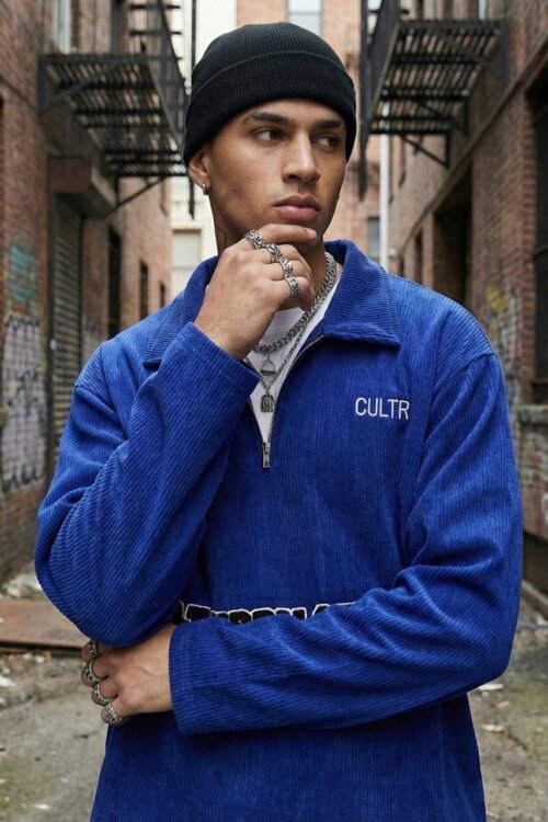 Quarter-Zip Ribbed Sweatshirt - Blue