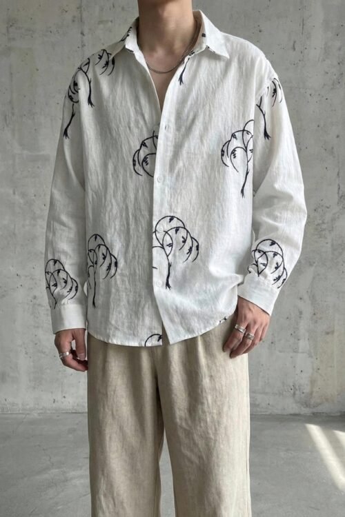 Fern Embroidery Oversize Shirt - White
