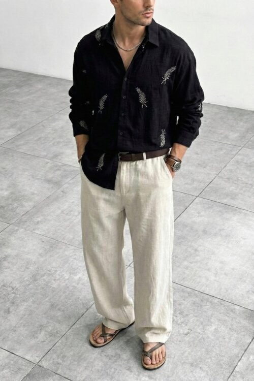 Leaf Metallic Embroidery Oversize Shirt - Black