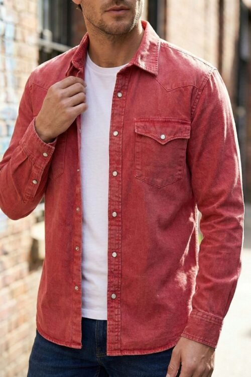 Double Pocket Denim Shirt - Red