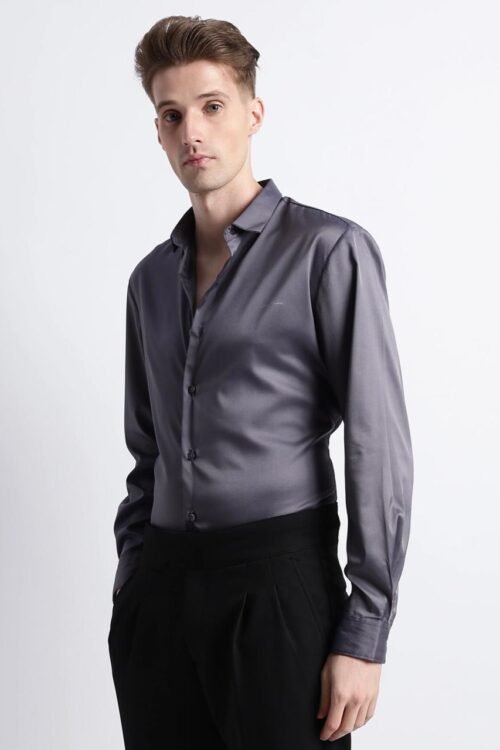 Gangster Plain Satin Shirt- Dark Grey
