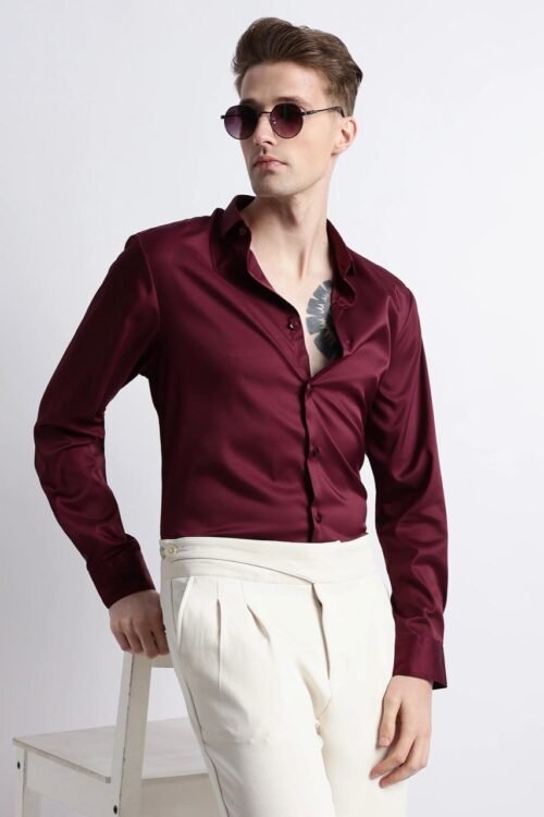Gangster Plain Satin Shirt- Maroon