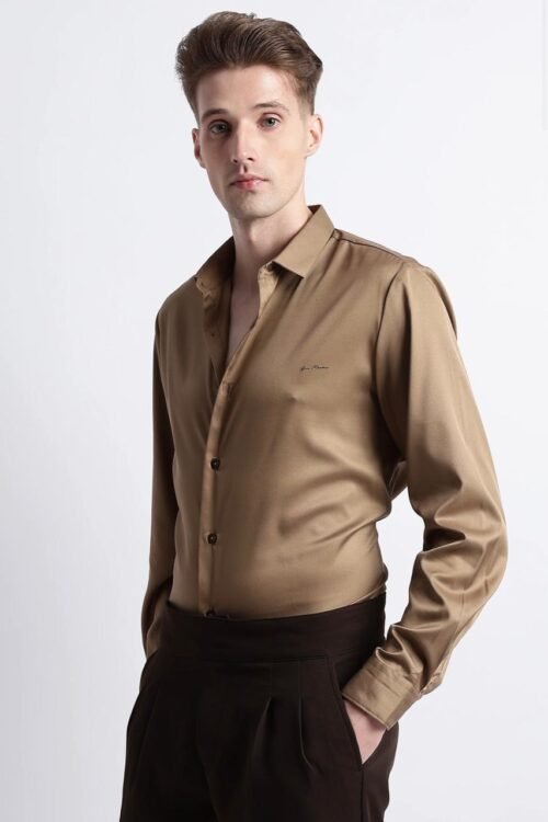 Gangster Plain Satin Shirt- Khaki