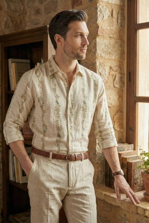 Floral Striped Linen Shirt- Grey