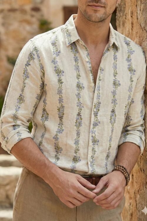 Floral Striped Linen Shirt- Blue